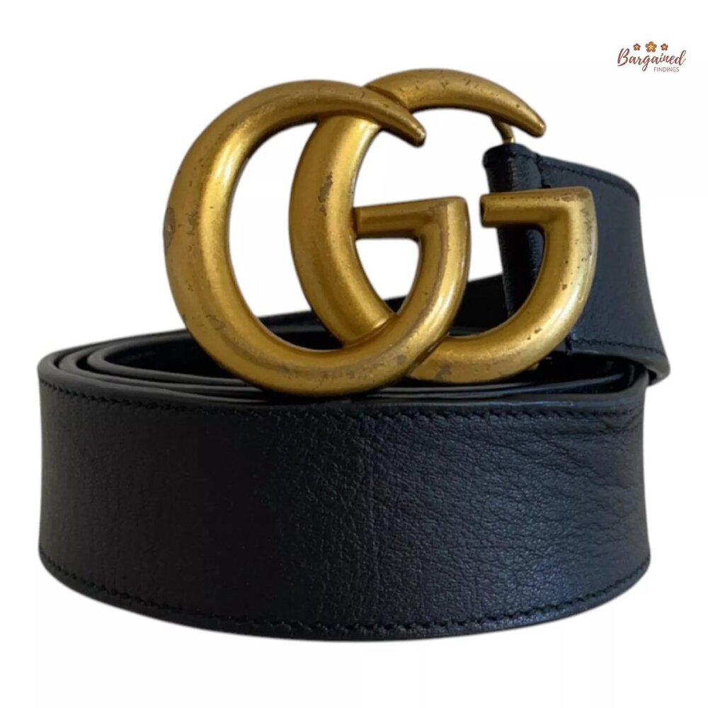 Authentic Gucci Black Smooth Calfskin Leather Gold Double G Buckle Belt 90/36